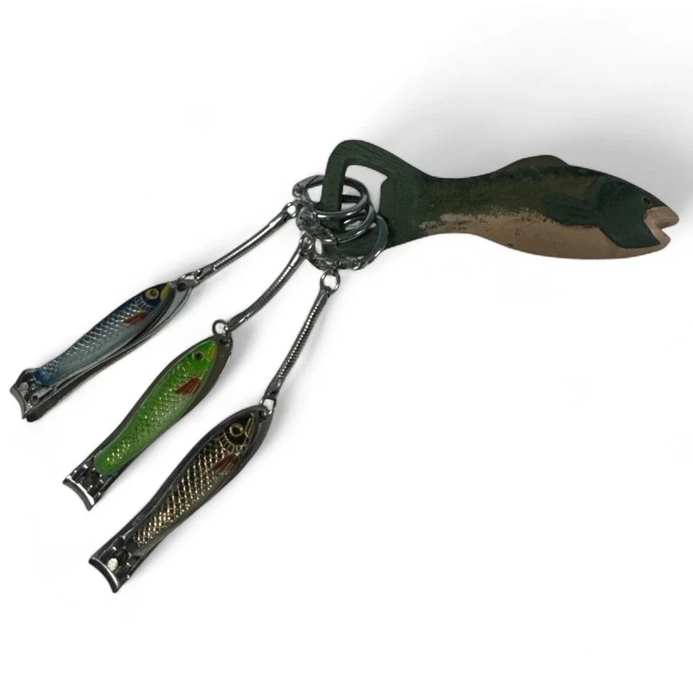 Vtg Bottle Opener Fish Shaped Cast Iron‎ Trout + 3 Nail Clipper Keychains